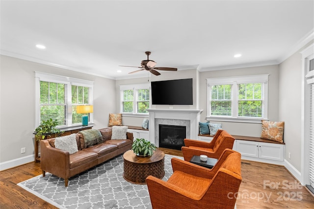 2414 Bay St, Charlotte, NC 28205 - living room featuring crown molding, plenty of natural light, ceiling fan, a glass covered fireplace, and wood finished floors