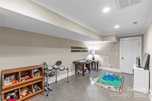 2414 Bay St, Charlotte, NC 28205 - game room featuring ornamental molding, baseboards, concrete flooring, and recessed lighting