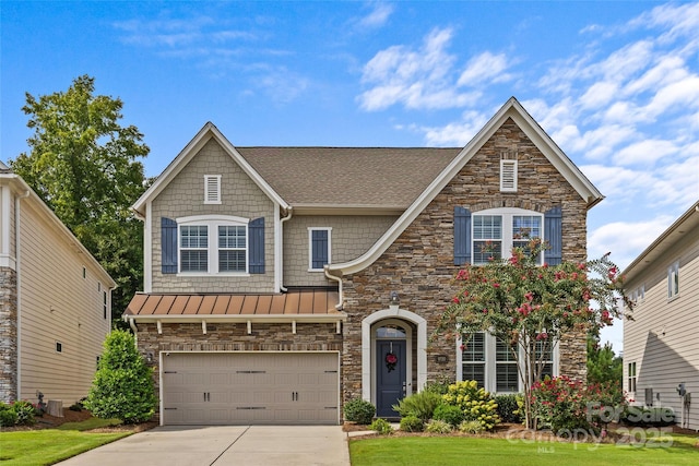9750 Briarwick Ln, Charlotte, NC 28277 - view of front facade featuring stone siding, concrete driveway, a garage, roof with shingles, and a standing seam roof