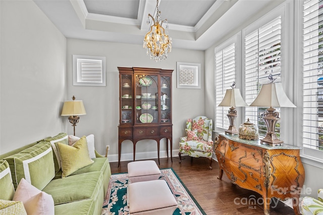 9750 Briarwick Ln, Charlotte, NC 28277 - living area with wood finished floors, a chandelier, a tray ceiling, and ornamental molding