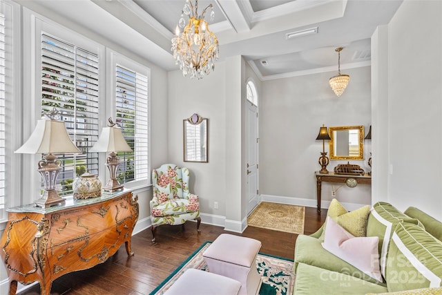 9750 Briarwick Ln, Charlotte, NC 28277 - living area with crown molding, a chandelier, hardwood / wood-style flooring, baseboards, and beamed ceiling
