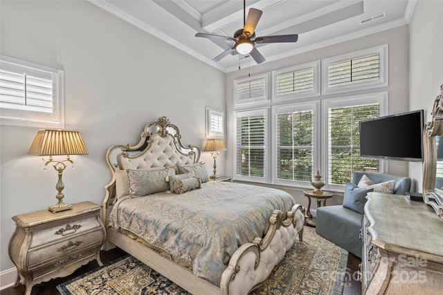 9750 Briarwick Ln, Charlotte, NC 28277 - bedroom featuring crown molding, wood finished floors, and ceiling fan