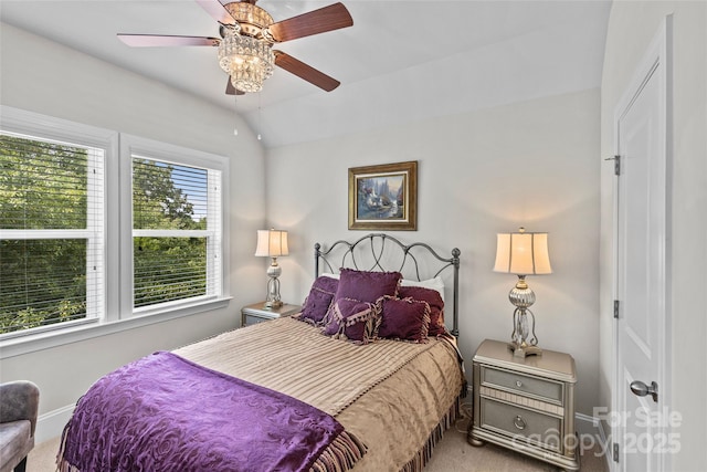 9750 Briarwick Ln, Charlotte, NC 28277 - carpeted bedroom featuring baseboards, lofted ceiling, and a ceiling fan