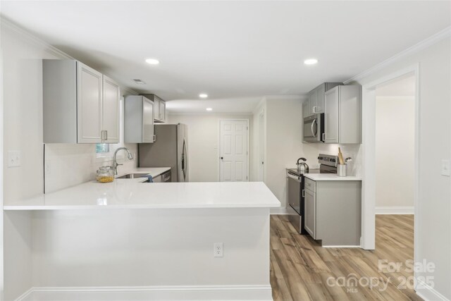 kitchen featuring appliances with stainless steel finishes, a sink, light countertops, light wood finished floors, and ornamental molding