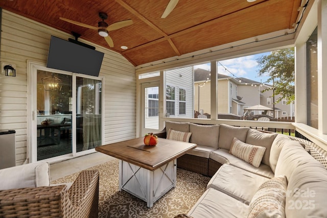 6119 Castlecove Rd, Charlotte, NC 28278 - sunroom / solarium featuring an outdoor hangout area, ceiling fan, lofted ceiling, and plenty of natural light