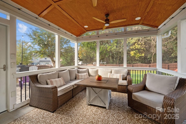 6119 Castlecove Rd, Charlotte, NC 28278 - sunroom with vaulted ceiling, ceiling fan, outdoor lounge area, and plenty of natural light