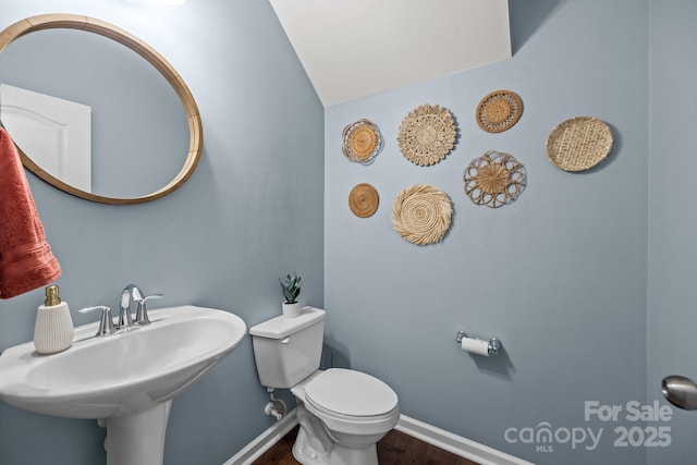 6119 Castlecove Rd, Charlotte, NC 28278 - bathroom with baseboards, toilet, wood finished floors, a sink, and vaulted ceiling
