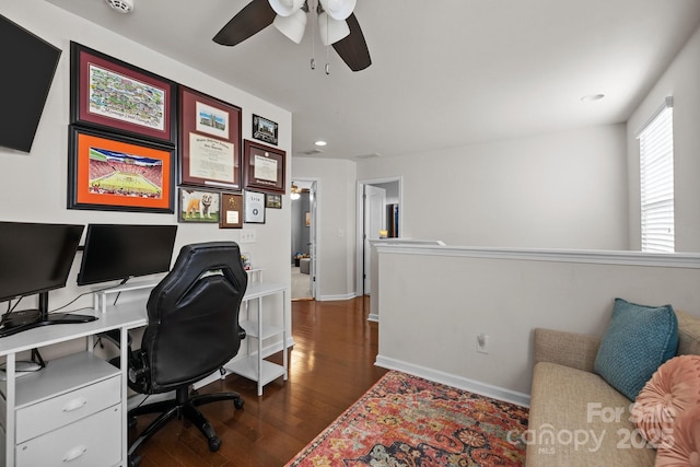 6119 Castlecove Rd, Charlotte, NC 28278 - office area featuring dark wood-style floors, ceiling fan, baseboards, and recessed lighting