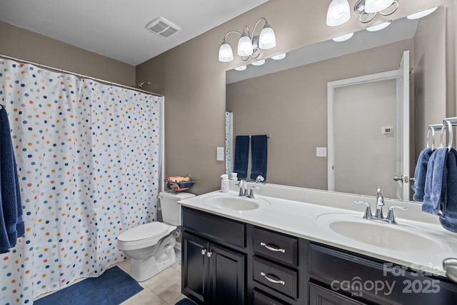 6119 Castlecove Rd, Charlotte, NC 28278 - full bathroom with tile patterned floors, double vanity, toilet, and a shower with shower curtain