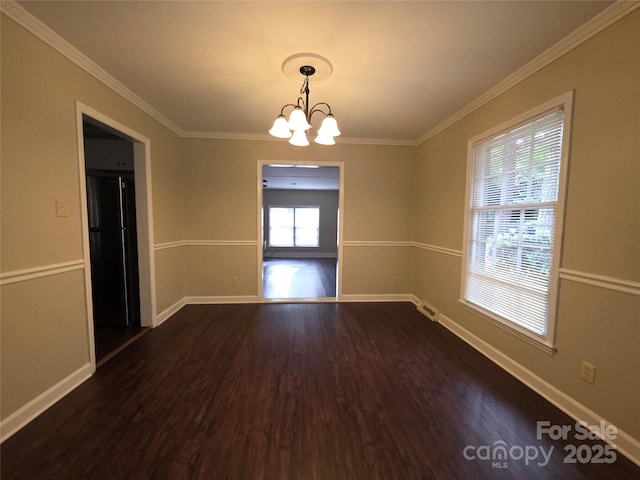 3316 Mckee Rd, Charlotte, NC 28270 - empty room with dark wood-style floors, a chandelier, baseboards, and ornamental molding