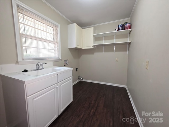 3316 Mckee Rd, Charlotte, NC 28270 - clothes washing area featuring washer hookup, dark wood-style flooring, baseboards, ornamental molding, and cabinet space
