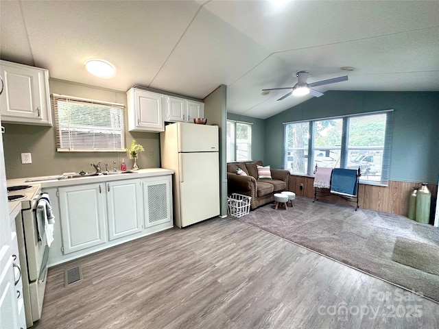 108 Sailors Ct Unit 108B, Mount Gilead, NC 27306 - kitchen featuring white appliances, a wainscoted wall, light wood finished floors, light countertops, and white cabinetry