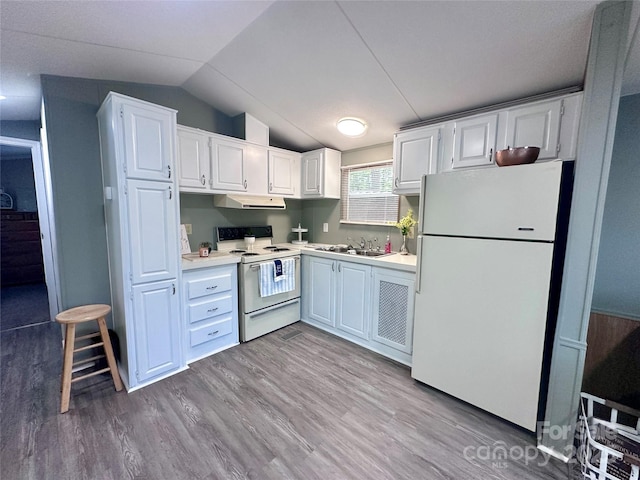 108 Sailors Ct Unit 108B, Mount Gilead, NC 27306 - kitchen featuring white appliances, light countertops, white cabinetry, lofted ceiling, and light wood-style flooring