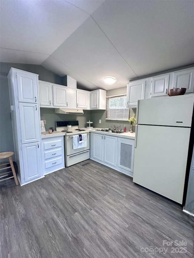 108 Sailors Ct Unit 108B, Mount Gilead, NC 27306 - kitchen featuring white appliances, under cabinet range hood, light countertops, white cabinets, and lofted ceiling