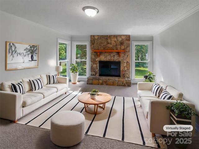2532 Steeplechase Rd, Gastonia, NC 28056 - living room with carpet floors, crown molding, a textured ceiling, and a stone fireplace