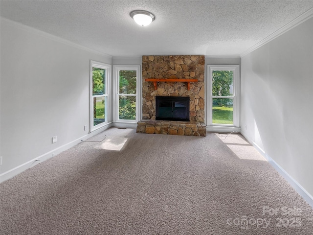 2532 Steeplechase Rd, Gastonia, NC 28056 - unfurnished living room with a textured ceiling, crown molding, carpet, a fireplace, and baseboards