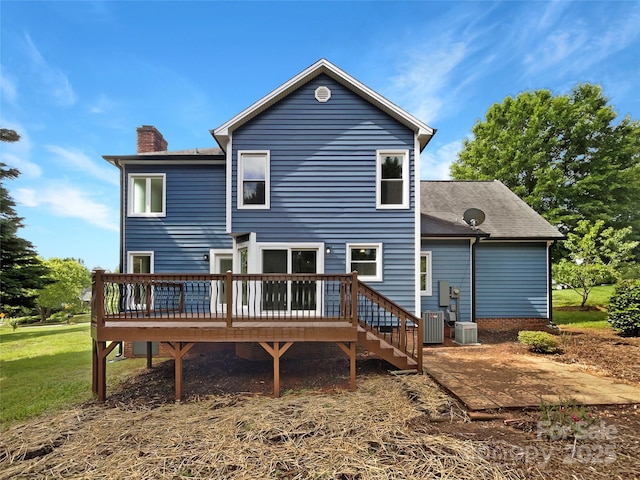 2532 Steeplechase Rd, Gastonia, NC 28056 - rear view of property featuring a chimney, a deck, cooling unit, and a lawn