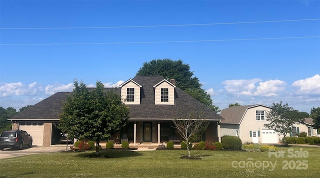 1351 Hardin Rd, Dallas, NC 28034 - cape cod-style house with covered porch, driveway, a front lawn, an attached garage, and roof with shingles