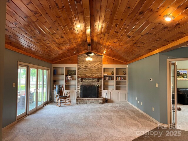 1351 Hardin Rd, Dallas, NC 28034 - unfurnished living room with carpet, a ceiling fan, wood ceiling, lofted ceiling, and a brick fireplace