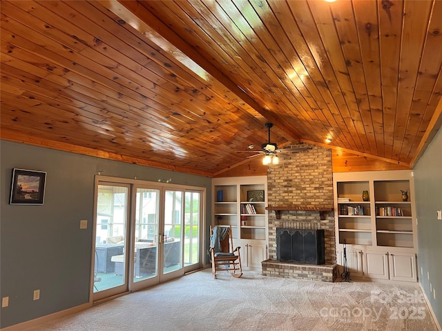 1351 Hardin Rd, Dallas, NC 28034 - unfurnished living room featuring carpet floors, a ceiling fan, wood ceiling, a brick fireplace, and built in features