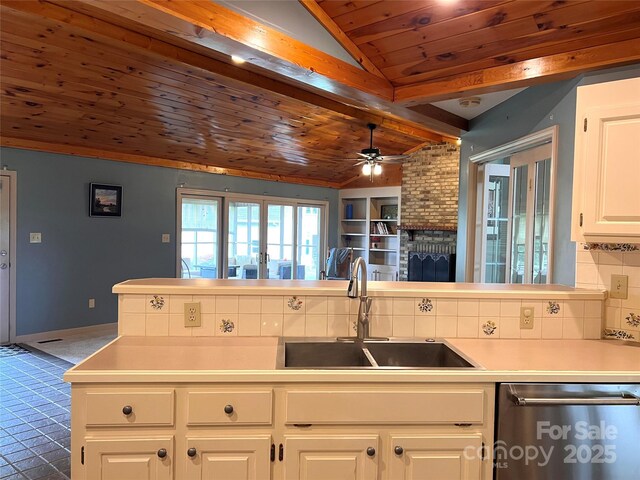 1351 Hardin Rd, Dallas, NC 28034 - kitchen with dishwasher, a sink, a ceiling fan, wooden ceiling, and decorative backsplash