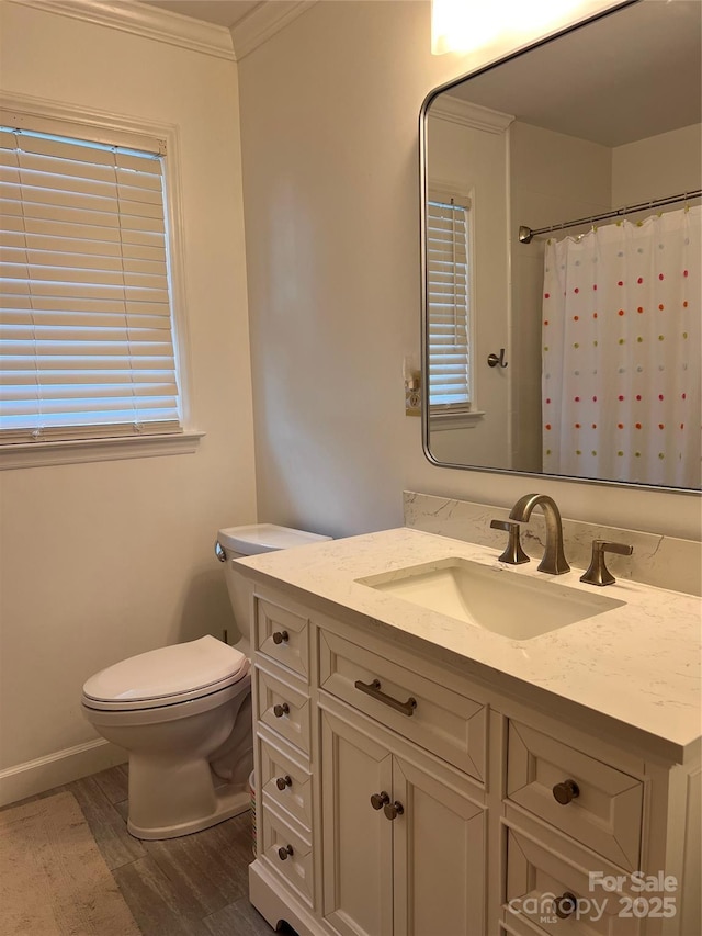 1351 Hardin Rd, Dallas, NC 28034 - full bath with ornamental molding, toilet, wood finished floors, vanity, and baseboards