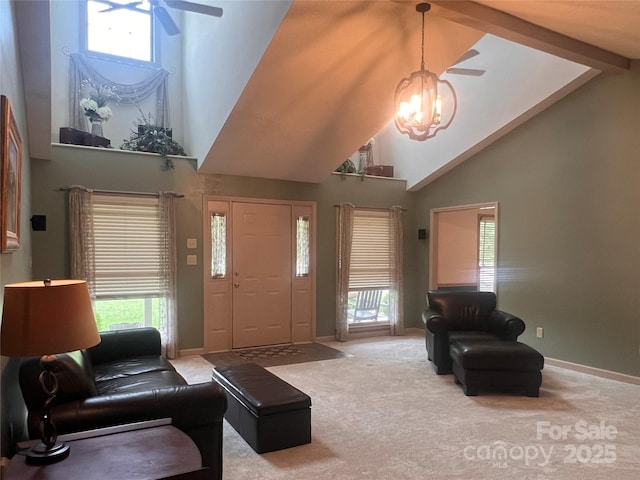 1351 Hardin Rd, Dallas, NC 28034 - carpeted living area with ceiling fan, high vaulted ceiling, baseboards, and healthy amount of natural light