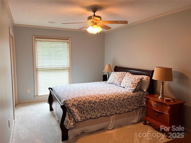 1351 Hardin Rd, Dallas, NC 28034 - bedroom with light carpet, a textured ceiling, crown molding, and a ceiling fan