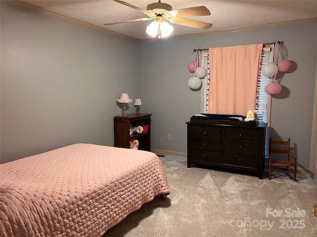 1351 Hardin Rd, Dallas, NC 28034 - bedroom with carpet floors, crown molding, a textured ceiling, a ceiling fan, and baseboards