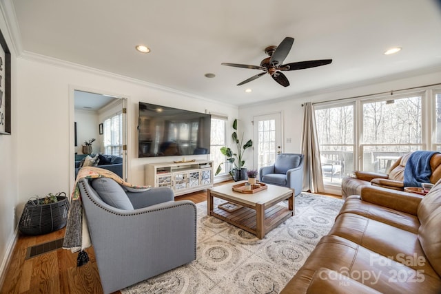 2702 Oxborough Dr, Matthews, NC 28105 - living area with wood finished floors, ceiling fan, healthy amount of natural light, ornamental molding, and recessed lighting