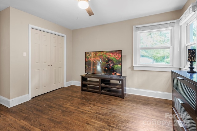 108 Greenwood Ave, Belmont, NC 28012 - living area with baseboards, wood finished floors, and ceiling fan