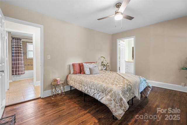 108 Greenwood Ave, Belmont, NC 28012 - bedroom with wood finished floors, baseboards, a ceiling fan, and ensuite bath