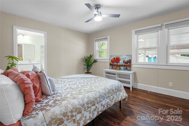 108 Greenwood Ave, Belmont, NC 28012 - bedroom with wood finished floors, baseboards, ensuite bath, and a ceiling fan