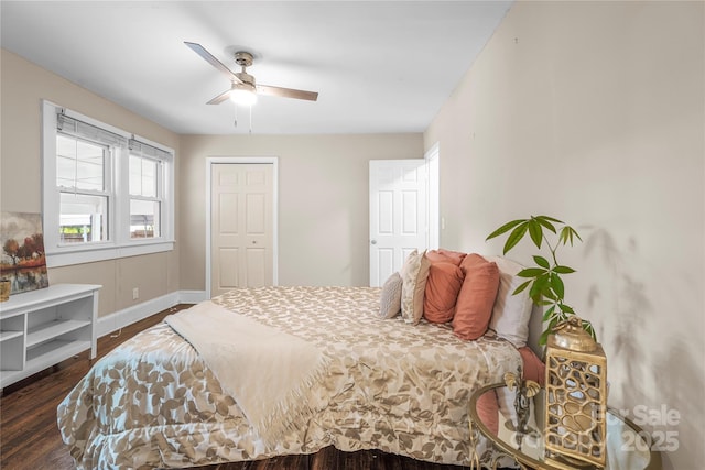 108 Greenwood Ave, Belmont, NC 28012 - bedroom with dark wood-type flooring, baseboards, and a ceiling fan