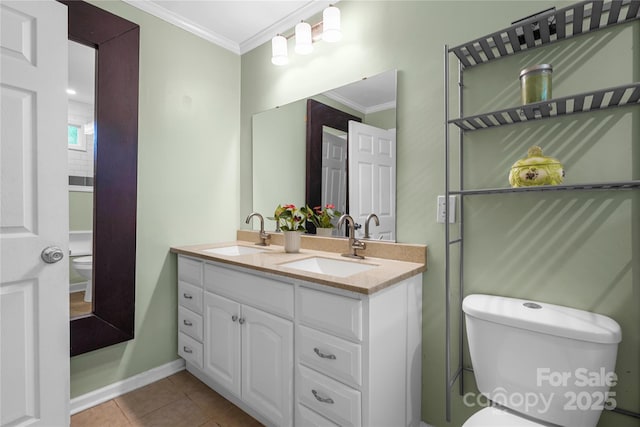 108 Greenwood Ave, Belmont, NC 28012 - full bathroom with toilet, double vanity, ornamental molding, tile patterned floors, and baseboards