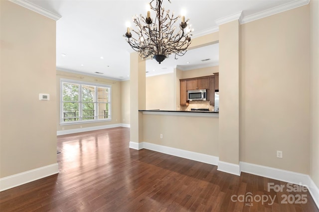 5425 Closeburn Rd Unit 208, Charlotte, NC 28210 - unfurnished living room with a chandelier, dark wood-type flooring, baseboards, ornamental molding, and recessed lighting