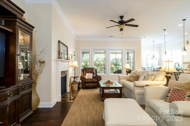 8818 Artesa Mill Ln, Charlotte, NC 28214 - living room with a ceiling fan, a fireplace, dark wood-style flooring, baseboards, and crown molding