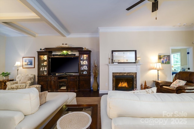 8818 Artesa Mill Ln, Charlotte, NC 28214 - living room featuring a ceiling fan, ornamental molding, wood finished floors, and a premium fireplace