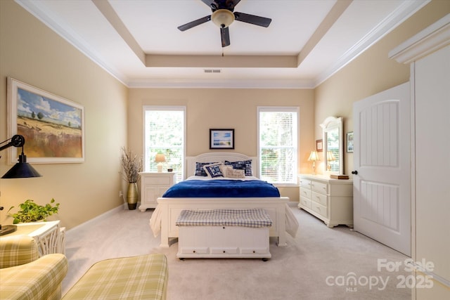 8818 Artesa Mill Ln, Charlotte, NC 28214 - bedroom with light carpet, a raised ceiling, a ceiling fan, and baseboards