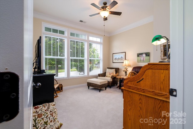 8818 Artesa Mill Ln, Charlotte, NC 28214 - sitting room featuring carpet, ceiling fan, ornamental molding, and baseboards