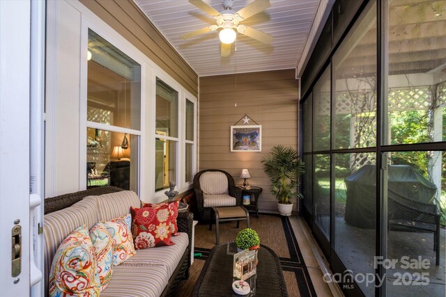 8818 Artesa Mill Ln, Charlotte, NC 28214 - sunroom / solarium with a ceiling fan and an outdoor hangout area