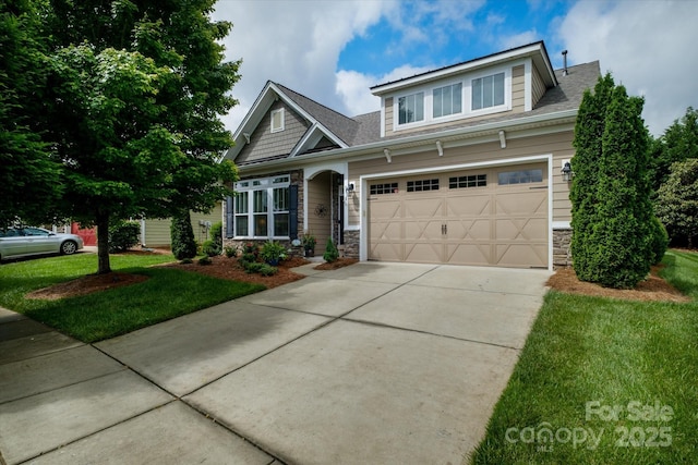 8818 Artesa Mill Ln, Charlotte, NC 28214 - craftsman house featuring stone siding, driveway, a front yard, and roof with shingles