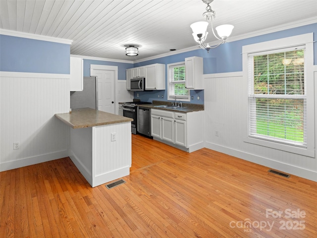 kitchen featuring appliances with stainless steel finishes, a sink, a peninsula, white cabinetry, and a wainscoted wall