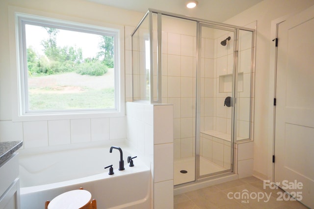 106 Sugg Trl, Weaverville, NC 28787 - bathroom with a bath, a shower stall, vanity, and tile patterned flooring