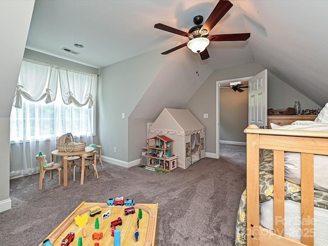 3409 Valdosta Ct, Monroe, NC 28110 - game room with a ceiling fan, carpet, vaulted ceiling, and baseboards