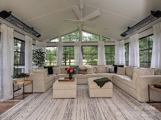 3409 Valdosta Ct, Monroe, NC 28110 - living area with a ceiling fan, plenty of natural light, vaulted ceiling, and wood finished floors