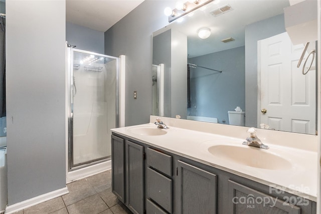 7206 Stoney Place Ct, Charlotte, NC 28262 - full bathroom with a stall shower, double vanity, tile patterned flooring, toilet, and baseboards