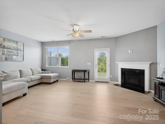 3306 Yarmouth Ln, Gastonia, NC 28056 - living area with a ceiling fan, light wood finished floors, healthy amount of natural light, and a fireplace with flush hearth