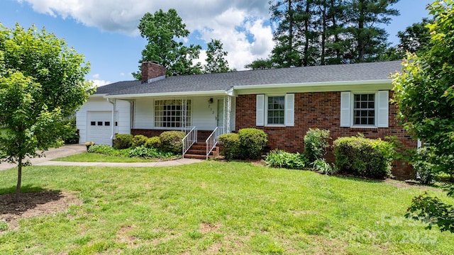 713 Crozet St NW, Valdese, NC 28690 - ranch-style house with brick siding, a garage, concrete driveway, covered porch, and a chimney