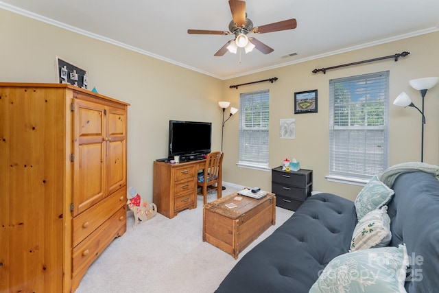 10322 Stoneykirk Ln, Charlotte, NC 28269 - living room featuring light carpet, ornamental molding, ceiling fan, and baseboards